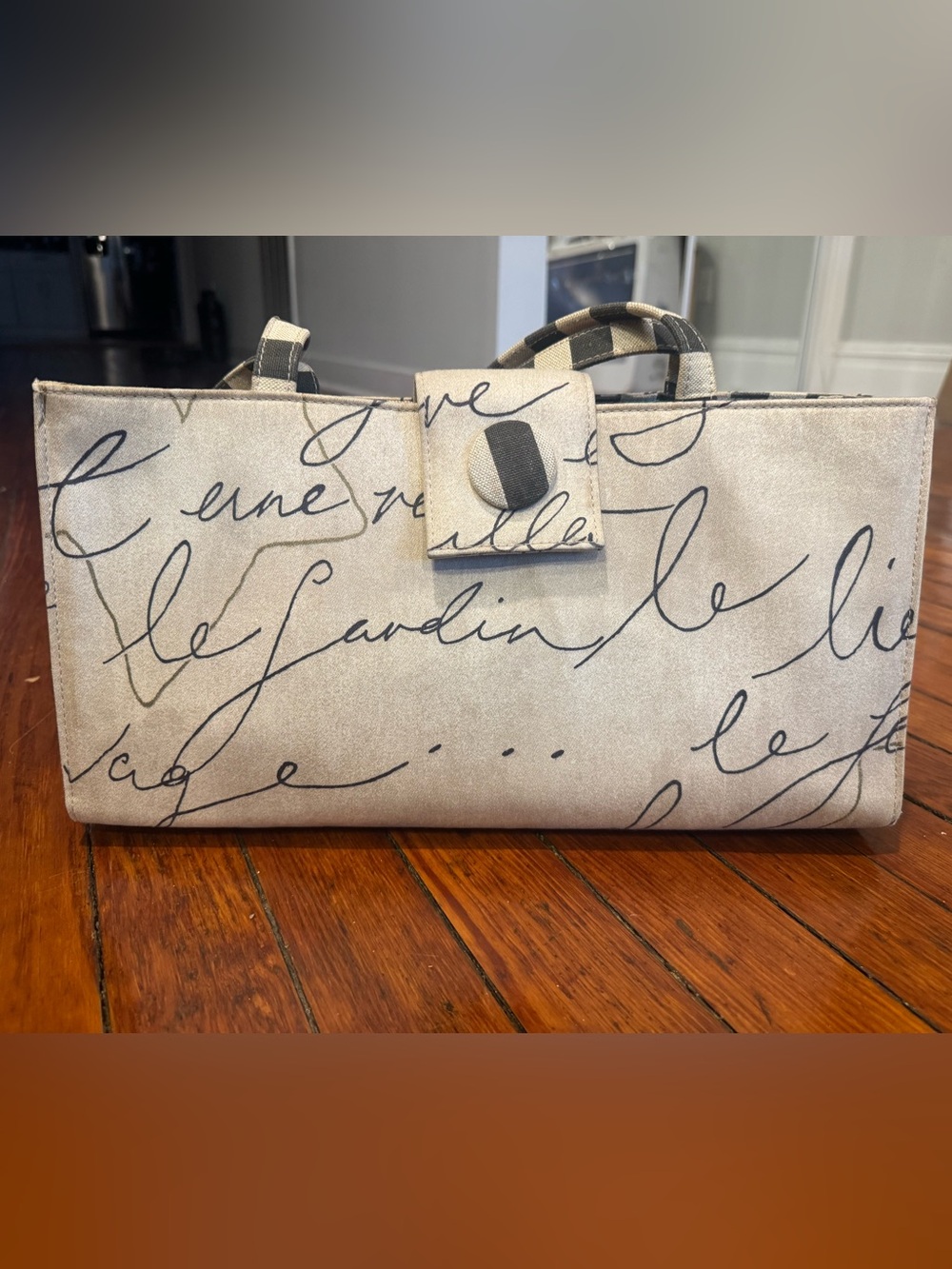 Script-Print Canvas Tote Bag in Cream and Black